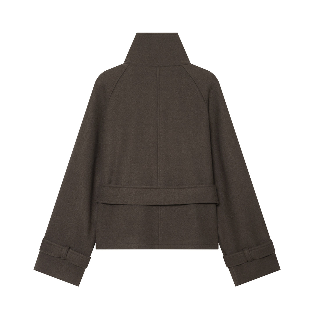 Damen Kurze doppeltreihige Wollmix‑Capejacke mit hohem Stehkragen und Taillengürtel Drune