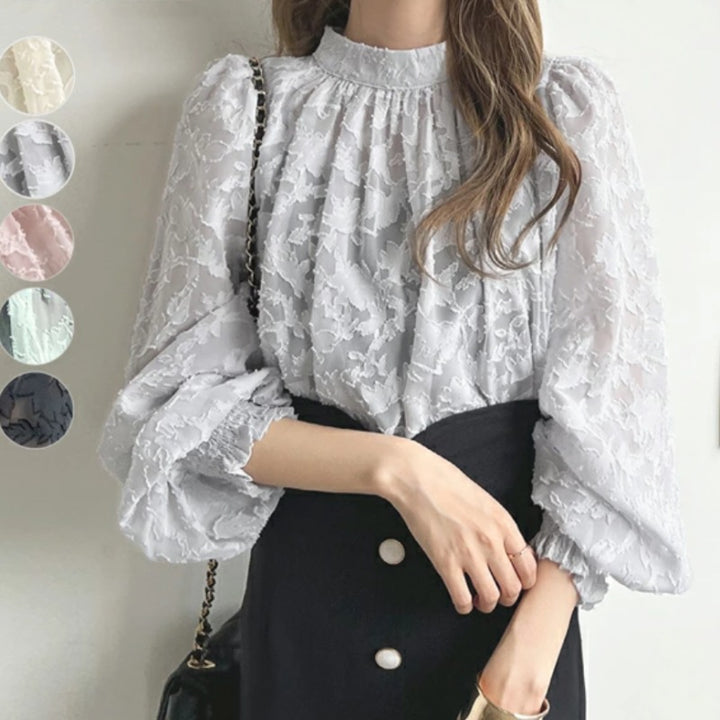 Damen elegante Bluse mit Bouquets und Volumenärmel Drune