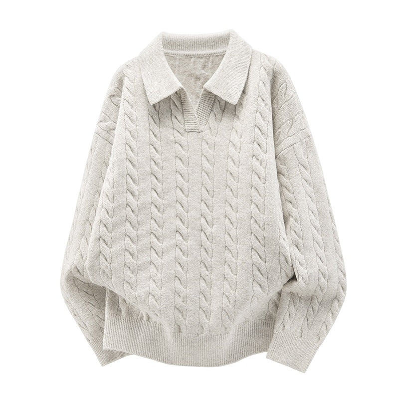 Damen Oversize Kabelstrick-Polo-Pullover mit V‑Ausschnitt und geripptem Saum Drune