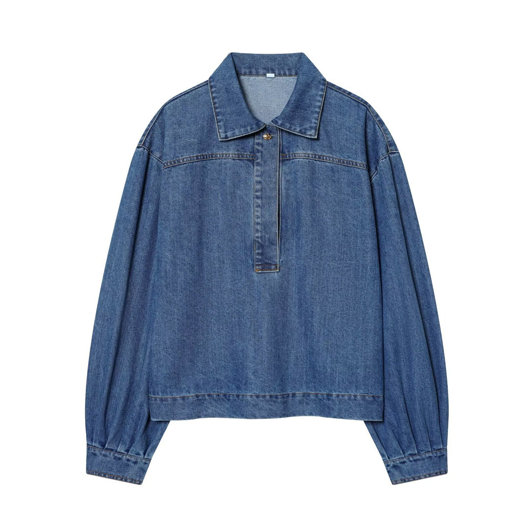 Damen Oversize Denim-Pulloverjacke mit halber Knopfleiste Drune