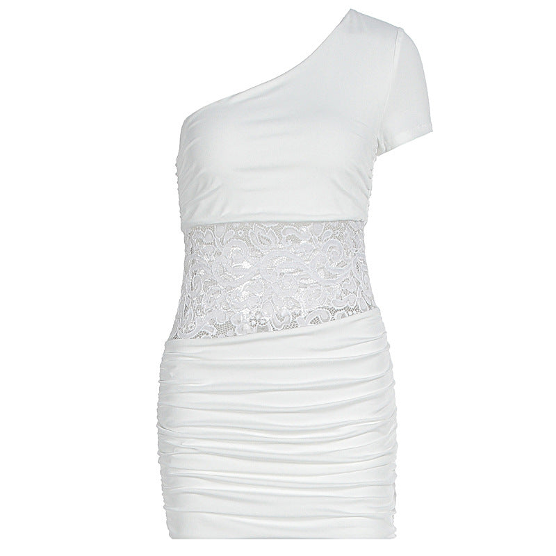 Damen Einseitig Träger Mini-Kleid mit Spitzenbund und Raffungen Drune