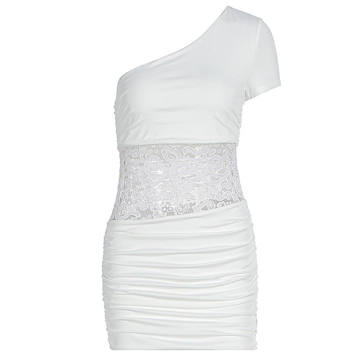 Damen Einseitig Träger Mini-Kleid mit Spitzenbund und Raffungen Drune