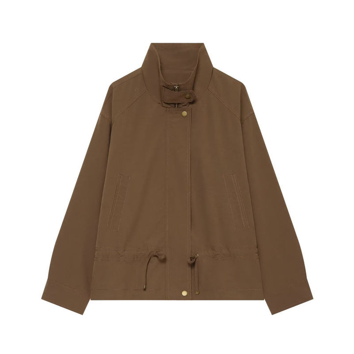 Damen Leichte Fieldjacke mit Stehkragen, Tunnelzugtaillierung und verdeckter Druckknopfleiste Drune