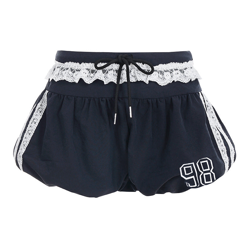 Damen sportliche Shorts mit Spitzenakzenten und elastischem Bund Drune