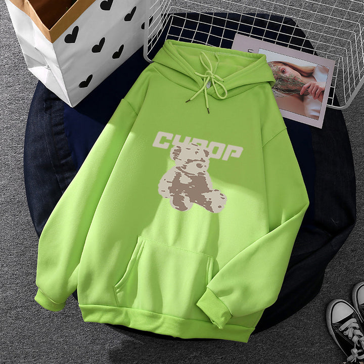 Damen nan Oversize-Kapuzenpullover mit Kängurutasche, vintage-inspirierter Teddy-Print und weichem French-Terry-Futter Drune