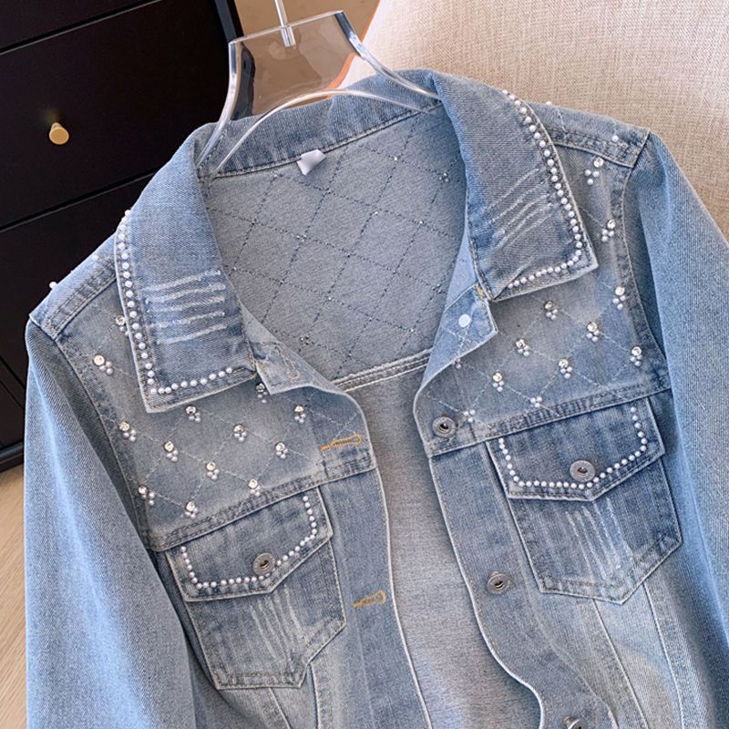 Damen modische Jeansjacke mit glamourösen Perlendetails Drune