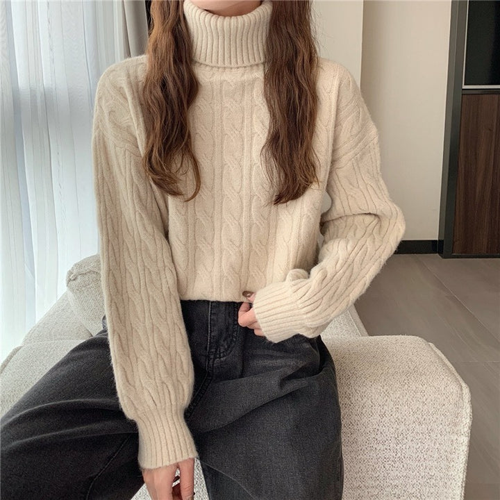 Damen Grobstrickpullover mit hohem Kragen und Zopfmuster Drune