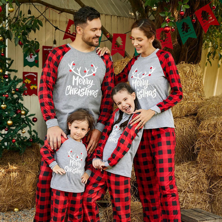 Drune | Weihnachts-Kartoon-Katzenmuster "Meowy Christmas" Buchstabenprint Kontrastoberteil und Karopants Familienpassende Pyjama-Set mit Hundebandana