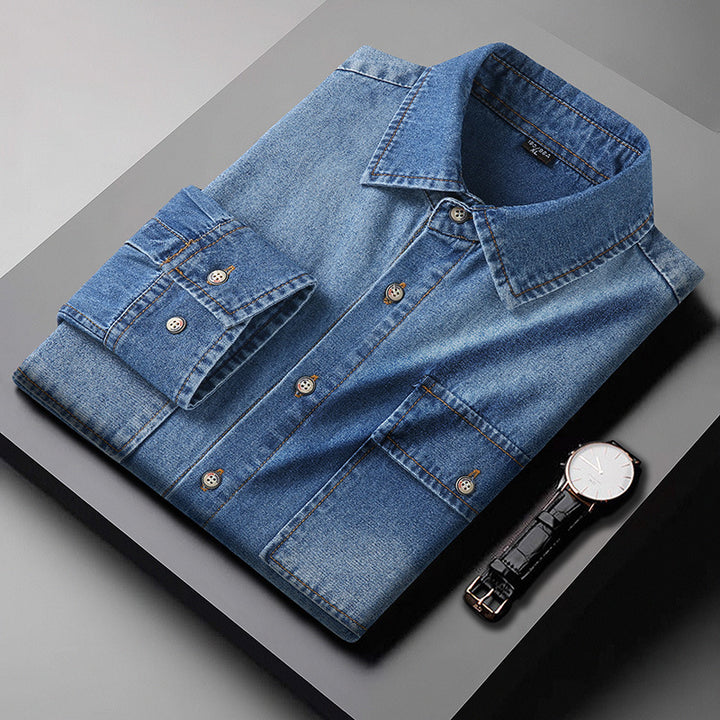 Herren Jeanshemd aus Denim mit Brustpattentaschen und Kentkragen Drune
