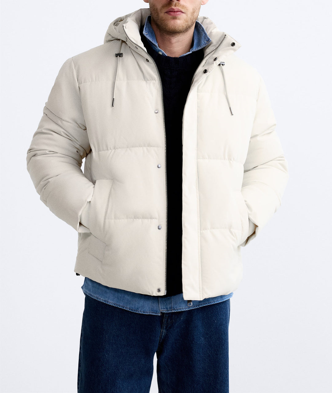 Herren Kurz geschnittener wattierter Kapuzenblouson mit Kordzug und verdeckter Zip-Front Drune