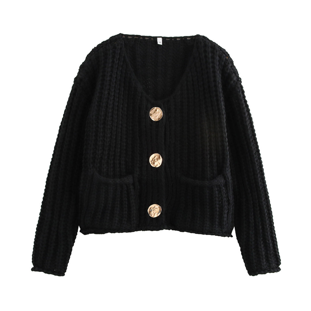 Damen Kurzcardigan im Rippen-Grobstrick mit aufgesetzten Taschen und Statementknöpfen Drune
