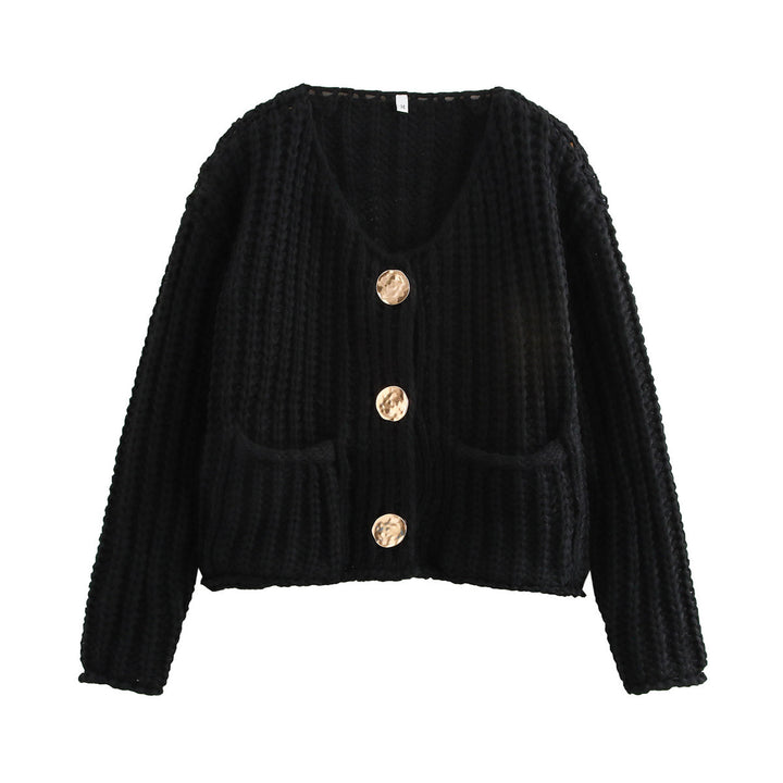 Damen Kurzcardigan im Rippen-Grobstrick mit aufgesetzten Taschen und Statementknöpfen Drune
