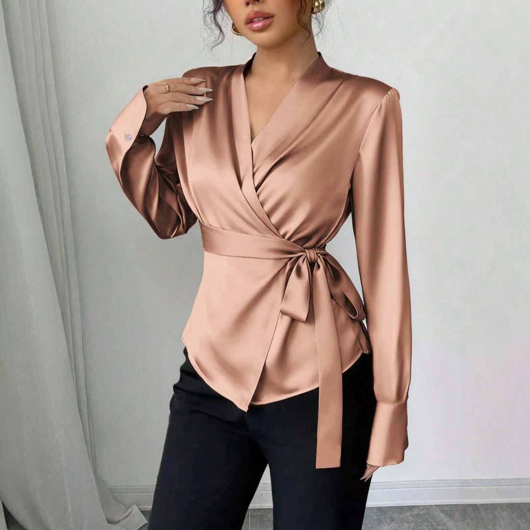 Damen Satin-Wickelbluse mit V-Ausschnitt, Taillengürtel und schmalem Manschettenärmel Drune