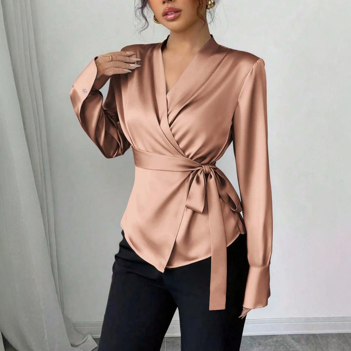 Damen Satin-Wickelbluse mit V-Ausschnitt, Taillengürtel und schmalem Manschettenärmel Drune