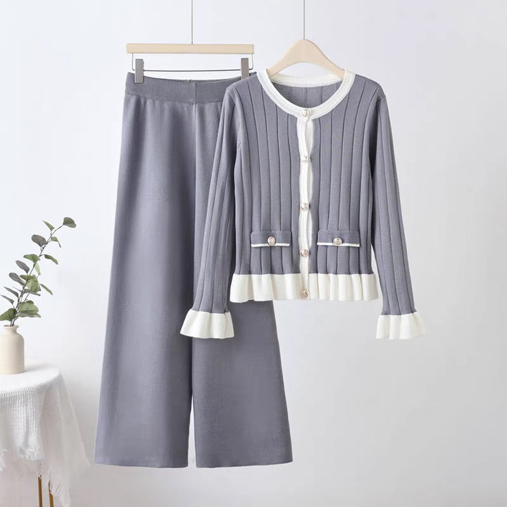 Damen elegantes Strick-Loungewear-Set mit aufgesetzten Taschen und Rüschen Drune