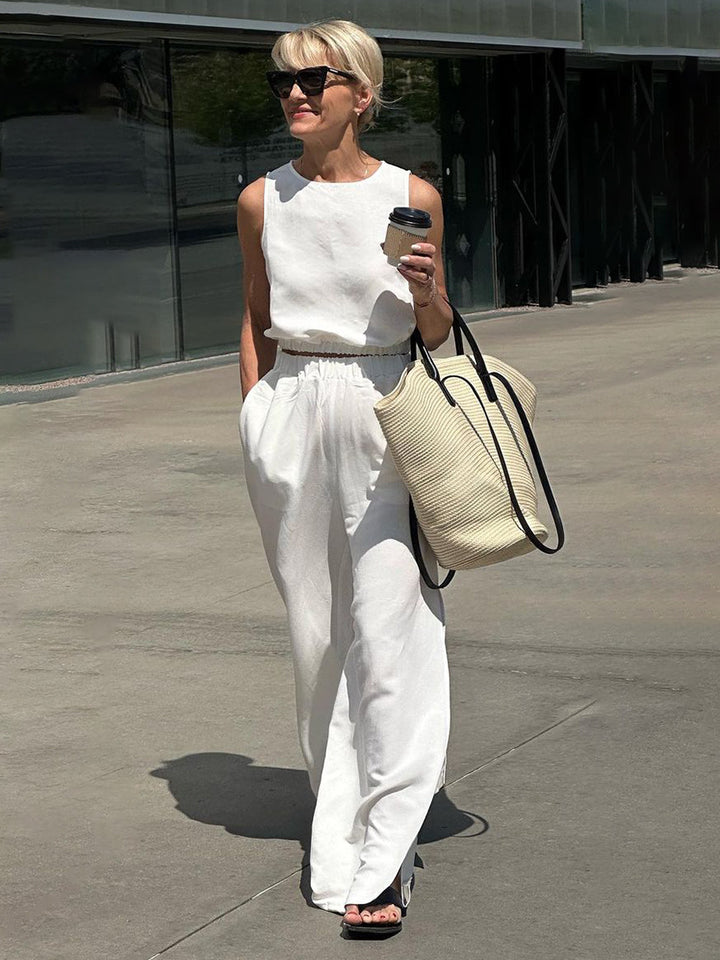 Damen Lässiger Leinen-Jumpsuit mit weitem Bein und Taillierung Drune