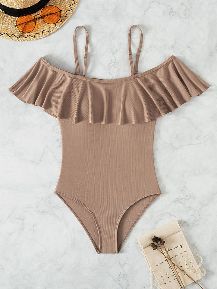 Damen Eleganter Badeanzug mit Volants und schulterfreier Ausschnitt Drune