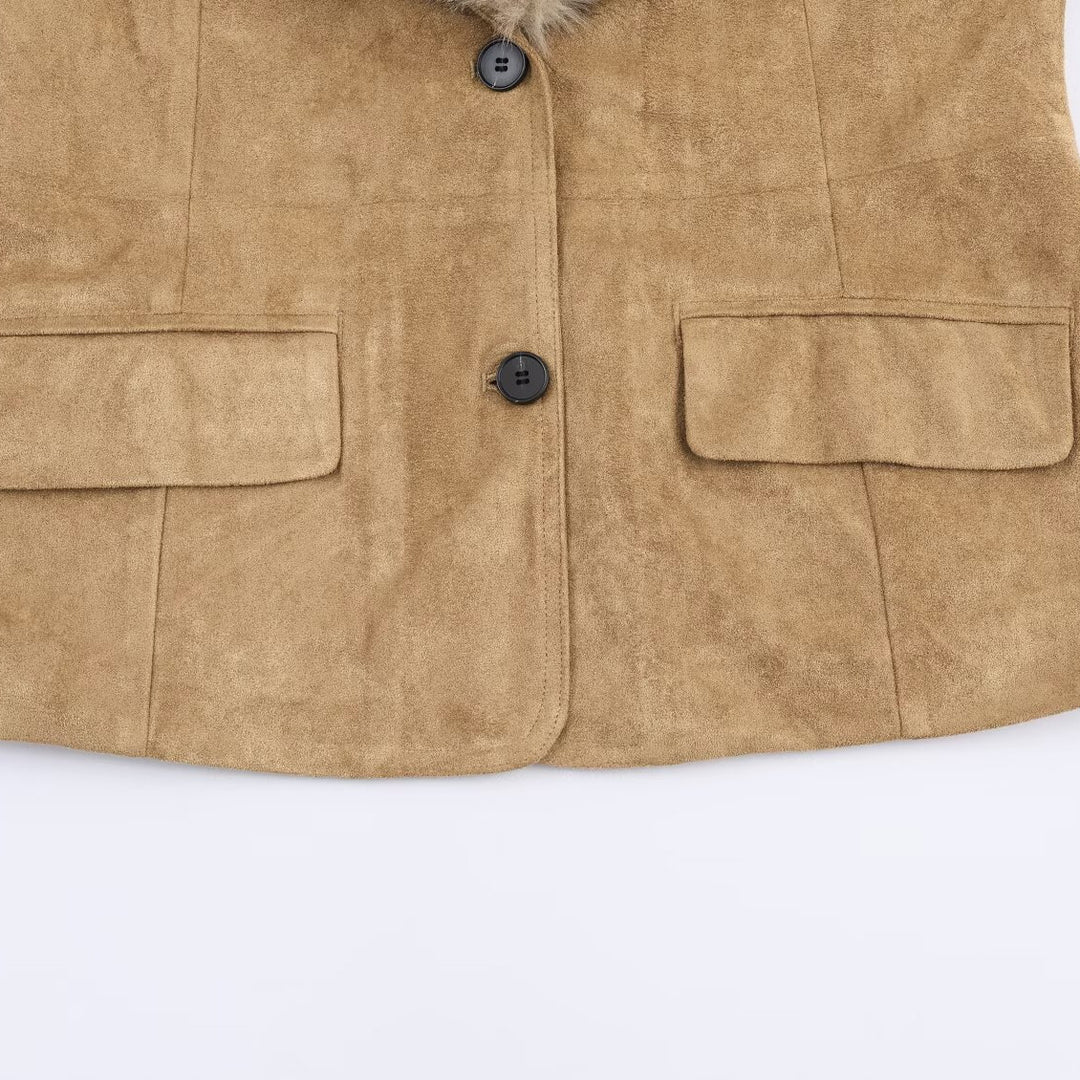 Damen Kurzjacke aus Wildlederoptik mit voluminösem Kunstfellkragen und Fellmanschetten Drune