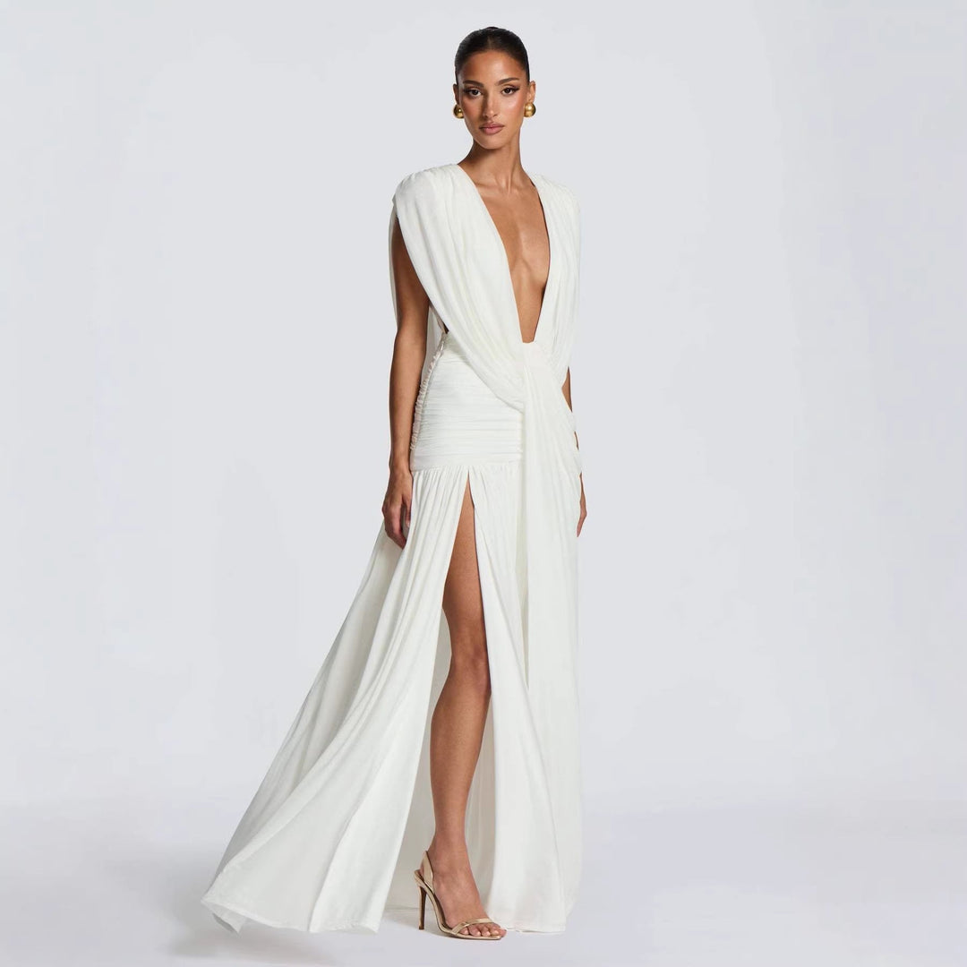 Damen Elegantes Wickelkleid mit tiefem V-Ausschnitt und gerafftem Rock Drune