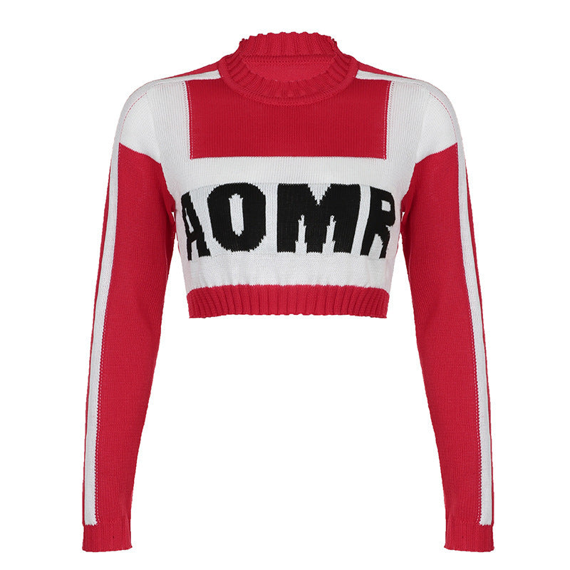 Damen Kurzgeschnittenes Cropped-Strickshirt mit hohem Rollkragen und kontrastierendem Logo Drune