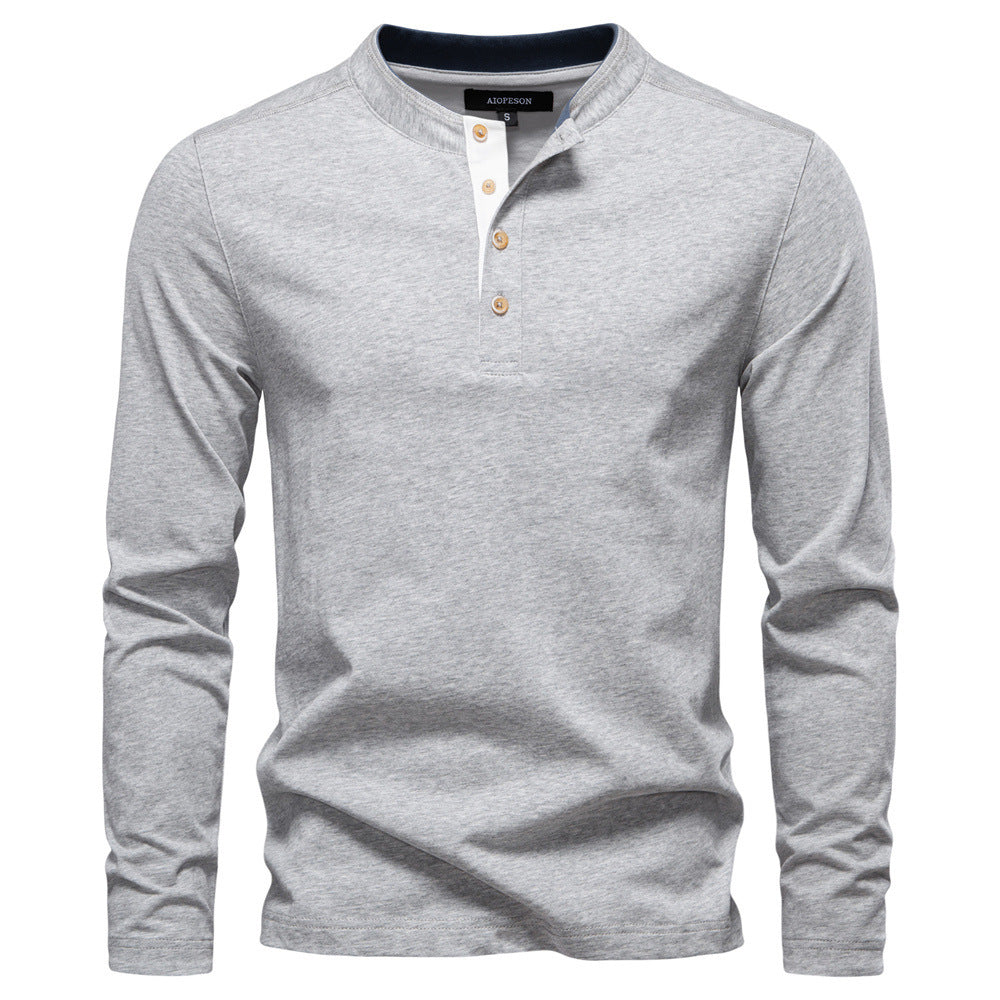 Herren nan legeres Baumwoll-Langarmshirt mit kurzer Knopfleiste und Stehkragen Drune