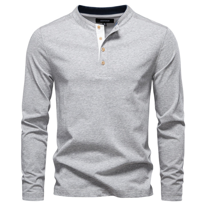 Herren nan legeres Baumwoll-Langarmshirt mit kurzer Knopfleiste und Stehkragen Drune