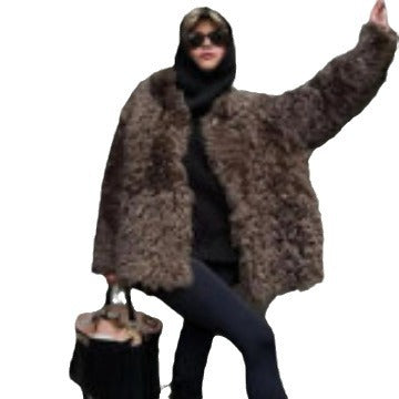 Damen Oversized Kunstfellmantel mit hohem Kragen und Teddystruktur Drune