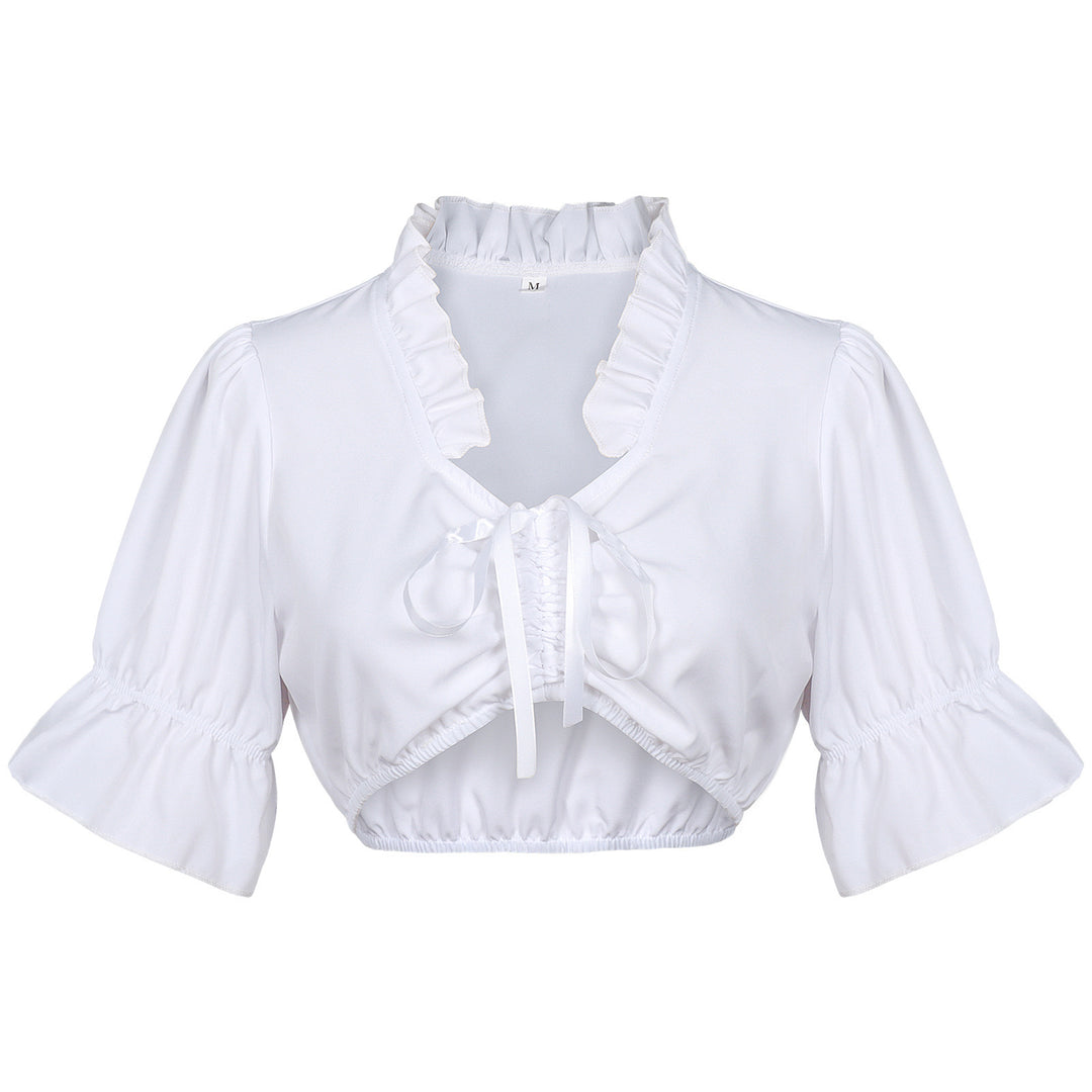 Damen nan Spitzenbolero Bluse mit Stehkragen, 3/4 Ärmeln und Bindeband Drune