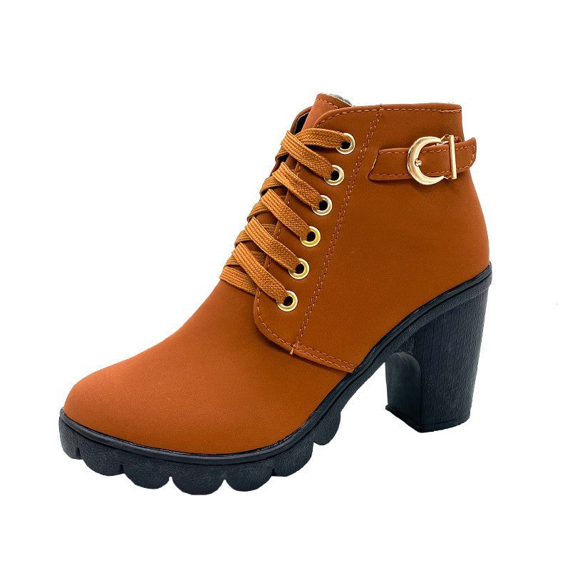 Damen nan elegante Schnür-Stiefelette mit mittlerem Blockabsatz, profilierter Gummilaufsohle und dekorativer Metallschnalle Drune