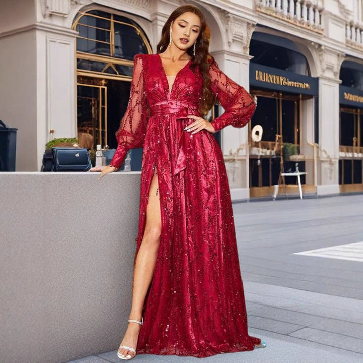 Damen Glamouröses Abendkleid mit schimmernden Pailletten und tiefem Schlitz Drune