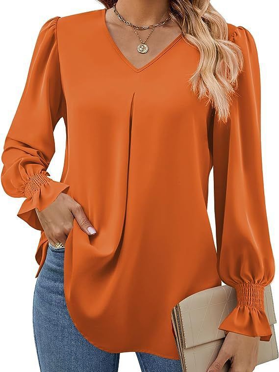 Damen elegante Bluse mit V-Ausschnitt und voluminösen Ärmeln Drune