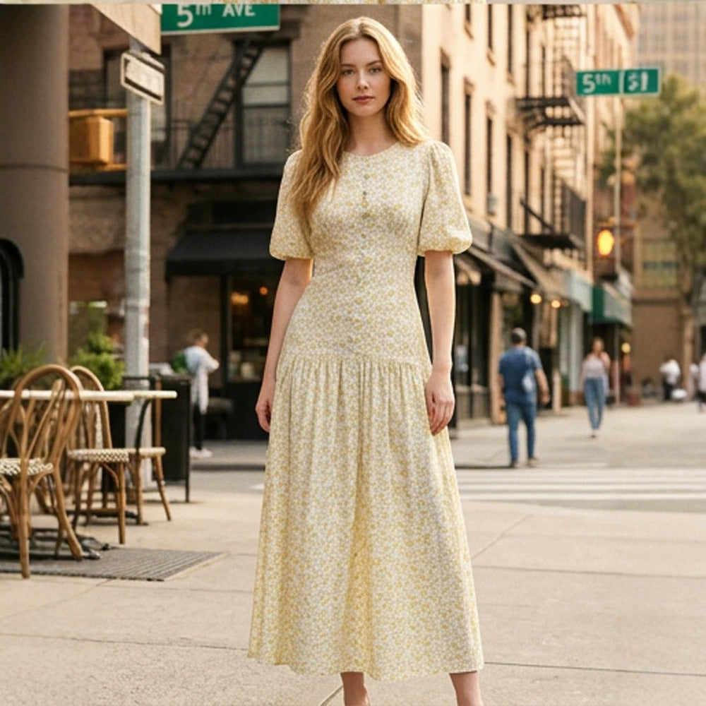 Damen Midikleid mit Puffärmeln, taillierter Silhouette und geknöpftem Mieder Drune