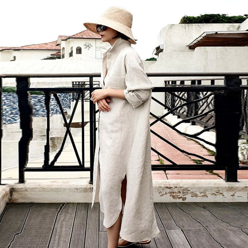 Damen Oversize-Leinen-Hemdmaxikleid mit Stehkragen, Krempelärmeln und hohen Seitenschlitzen Drune