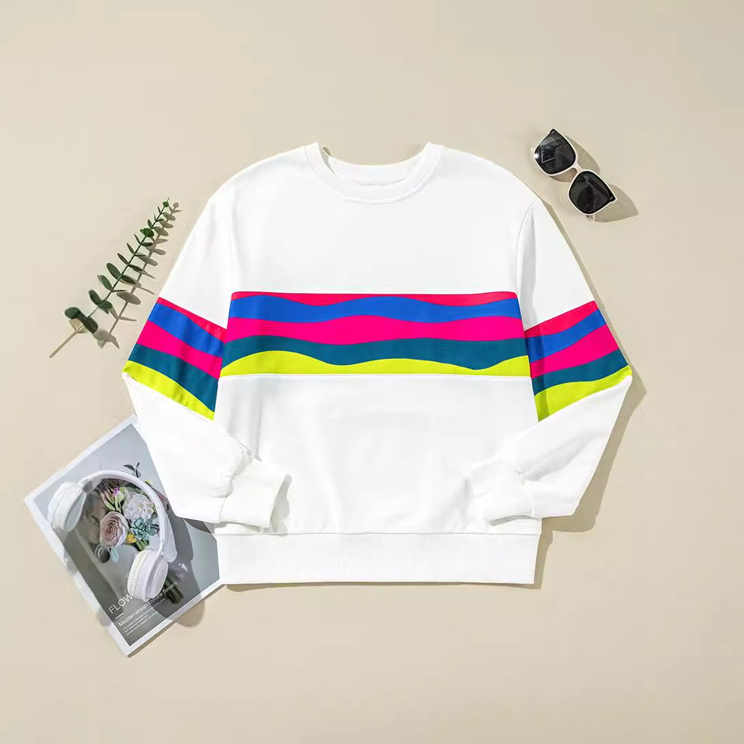 Damen lässiges Oversized-Sweatshirt mit bunten Streifen und tieferem Rundhalsausschnitt Drune
