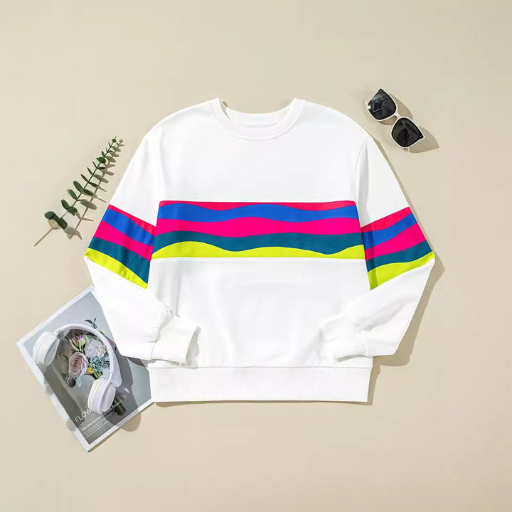 Damen lässiges Oversized-Sweatshirt mit bunten Streifen und tieferem Rundhalsausschnitt Drune
