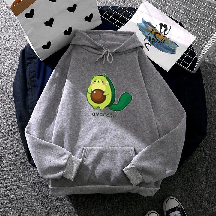 Damen nan Oversize-Fleecehoodie mit weichem Innenfutter, Kängurutasche und Avocato-Cartoonmotiv Drune