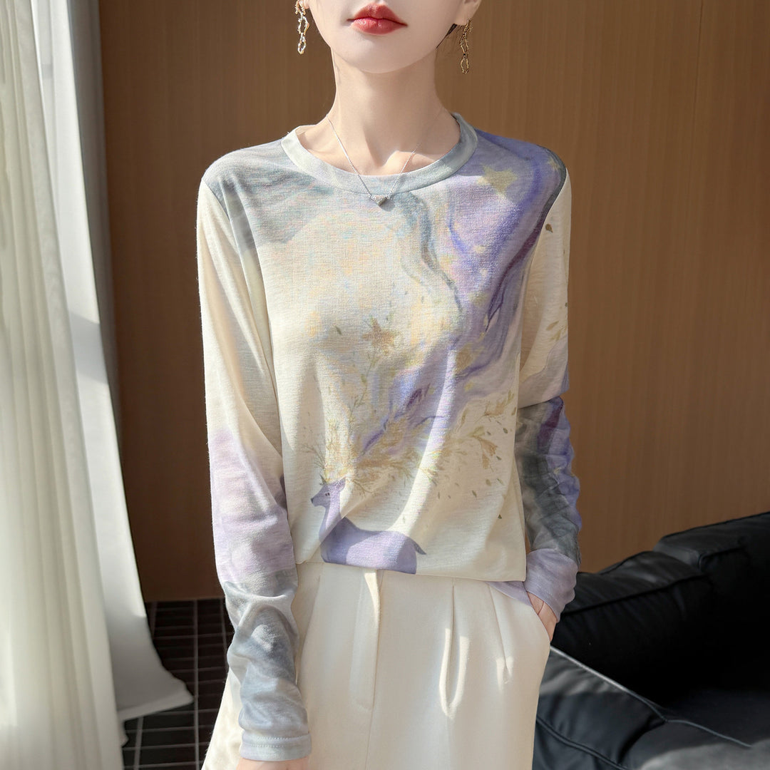 Damen Leichtes Langarmshirt aus Viskose-Mix mit Aquarellprint und Rundhalsausschnitt Drune