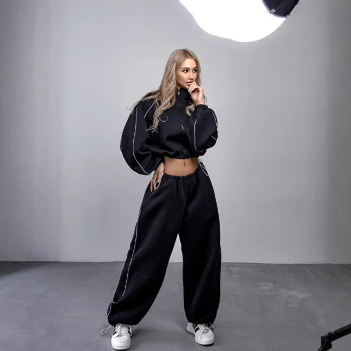 Damen cropped Zip-Kapuzenjacke mit Tunnelzug-Bund, oversized Ärmeln und kontrastierender Paspel Drune