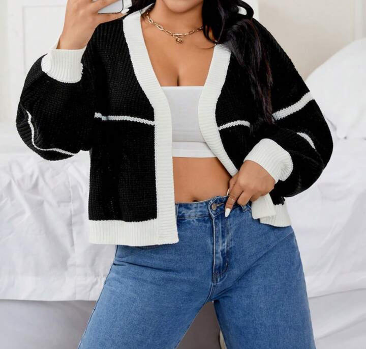 Damen Grobstrick Cardigan mit modernen Karomustern und weitem Schnitt Drune