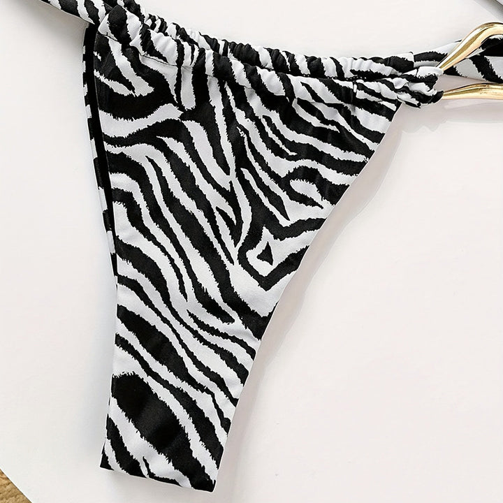 Damen Bandeau-Bikini-Set mit elegantem Streifenmuster und modischem Goldakzent Drune