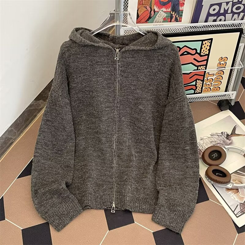 Damen weicher Strickpullover mit durchgehendem Reißverschluss und Kapuze Drune