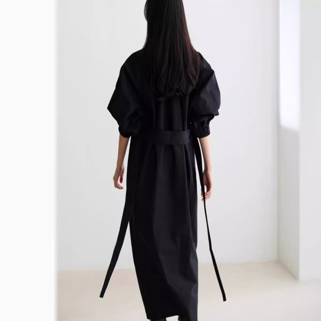 Damen Hemdkleid mit Taillengürtel, Stehkragen und Ballonärmeln Drune