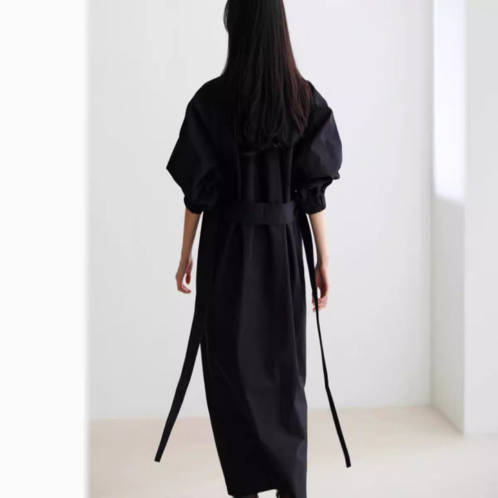 Damen Hemdkleid mit Taillengürtel, Stehkragen und Ballonärmeln Drune