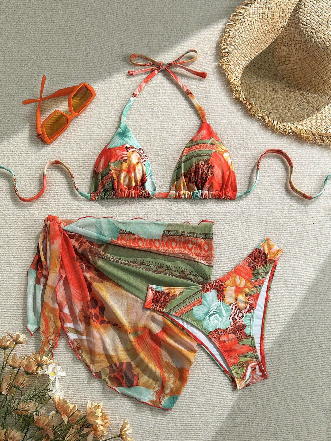 Damen Florales Bikini-Set mit Kombination aus Oberteil und Wickeltuch Drune