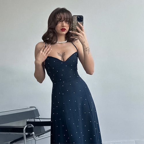 Damen Midikleid mit zarten Spaghetti-Trägern und punktuellem Design Drune