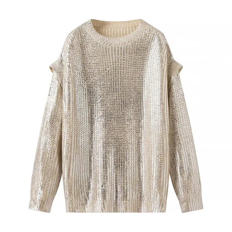 Damen Glänzender Oversize-Strickpullover mit Schulter-Cutouts Drune