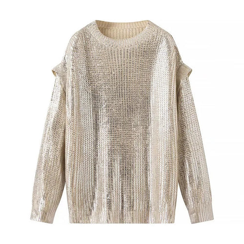 Damen Glänzender Oversize-Strickpullover mit Schulter-Cutouts Drune