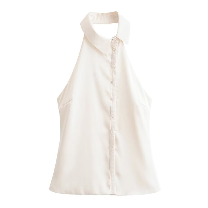 Damen Halterneck Bluse mit eleganter Knopfleiste Drune