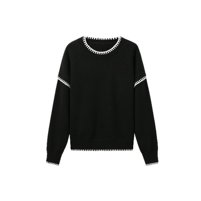Damen lässiger Strickpullover mit kontrastierendem Saum und weichen Ärmeln Drune