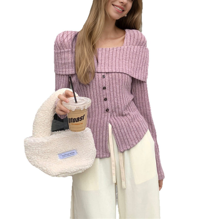 Damen Rippstrickoberteil mit quadratischem Ausschnitt und Knopfdetail Drune